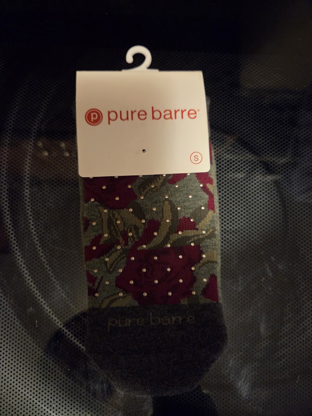 SMALL NWT Pure Barre  Olive Green & Burgundy Floral Grip Socks